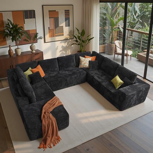 ovios Sectional Cloud Couch for Living Room, Modular Floor Sofa with Plush Corduroy, No Assembly Required, Big Comfy Couches Set with Fluffy Memory Foam, Stupendous U Shaped Sofas with Chaise, Black