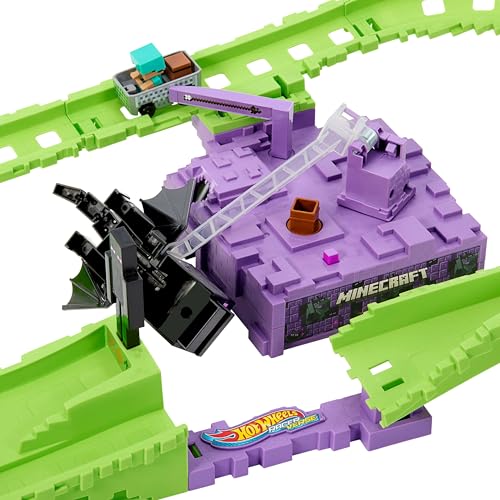 Image of Hot Wheels Toy Car Track Set, RacerVerse Minecraft Playset & Die-Cast Diamond Armor Steve in Minecart Vehicle, Launch & Race to Defeat Ender Dragon