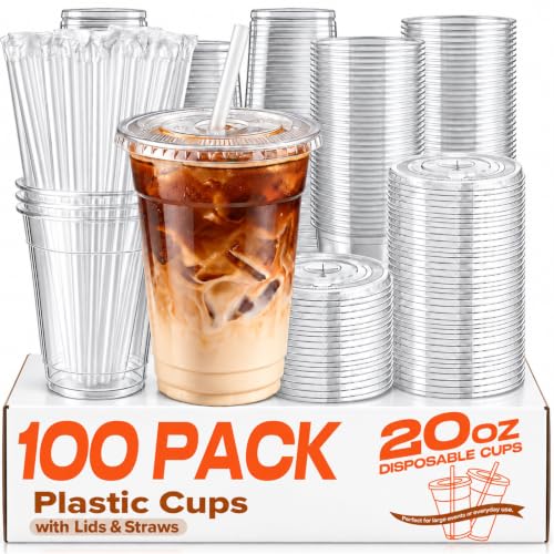 PODJULFA 100 Pack 20oz Disposable Plastic Cups with Lids and Straws