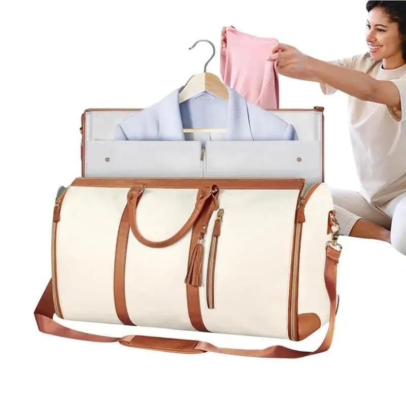 Leather foldable Duffle Bag Suit Travel Bag Waterproof Extra Large Weekend Bag Portable Flight Bag with Shoe for Men Women(Beige)2