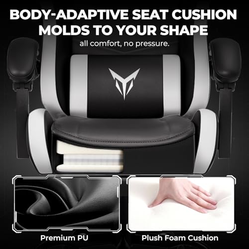 Image of GTPLAYER Gaming Chair High Back Computer Chairs with Foot Rest for Adults, Ergonomic Height Adjustable Recliner Chair 300lbs with Linkage Armrest and Lumbar Support for Home Office, White