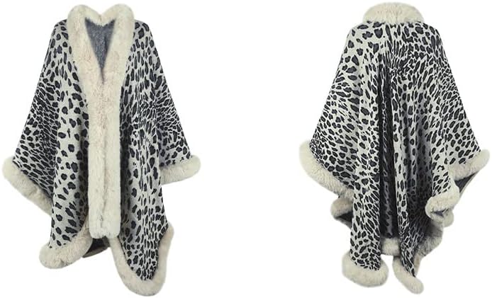 Women's Leopard Print Shawl Wraps Fur Collar Open Front Knitted Poncho Oversized Warm Cardigan Capes for Fall Winter - Image 2