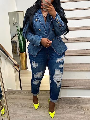 Angsuttc Blazers for Women Business Casual Denim Long Sleeves Lapel Double Breasted Jacket2