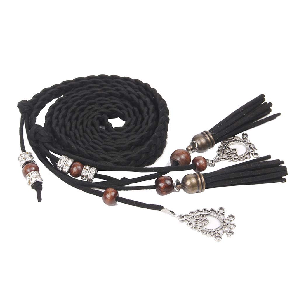 Ladies Braided Belt Fringed Thin Belt Bow Rope Skirt Knotted Decorative Waist Chain Bohemian Waist Rope Black