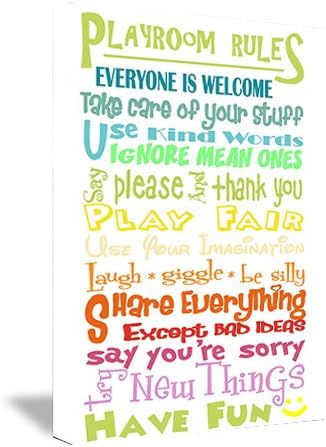 FRAMED CANVAS PRINT Colorful Playroom rules everyone is welcome take care of your stuff use kind words ignore mean ones say please and thank you play fair use your imagination laugh giggle