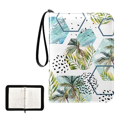 Oyihfvs Tropical Leaves and Palm Trees Geometric Shapes Hexagons Marbling PU Leather Card Storage Bag, With Zipper Waterproof 50 Pages 400 Slots Card Bag for Students Home School 15.74 x 9.64 inch