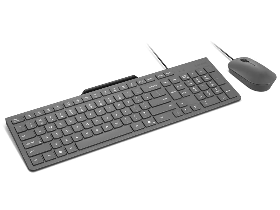 Lenovo 310 USB-A Combo Teclado y Ratón con Cable (Ratón Sensor Óptico Rojo, 2000 dpi, 3 Botones, Scroll, Teclado Resistente a Salpicaduras, Soporte para Móvil, USB-A) QWERTY Español - Gris