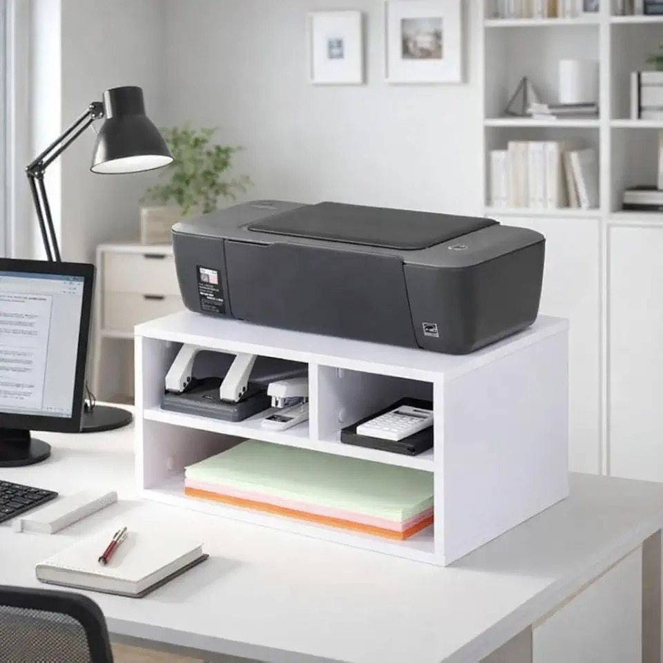 Suporte para Impressora Branco com Compartimentos, Organizador de Mesa para Escritório
