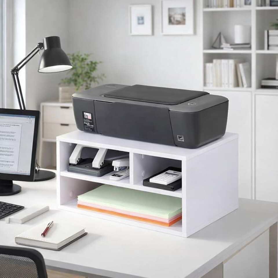 Suporte para Impressora Branco com Compartimentos, Organizador de Mesa para Escritório