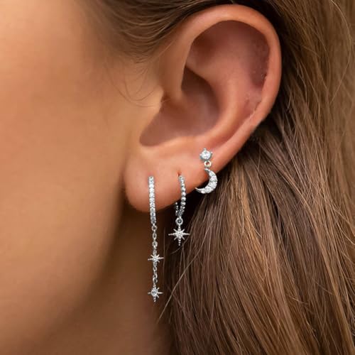Image of SANNIDHI 3 Pairs Earrings Set for Women Stud Hoop Earrings Moon Star Earrings Combo for Multiple Piercing