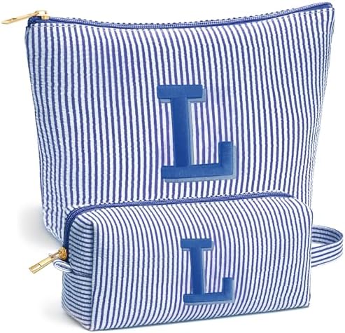 Fohufo Travel Toiletry and Makeup Bag - Travel Essentials for Women, Blue Initial Makeup Bags for Hair Ties, Clips, Brushes, Sponges, Lipsticks, Blush, Eyelash Curler, Easy to Carry, Blue Letter L