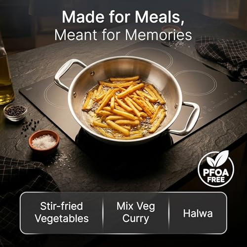 Image of AGARO Regency 28 cm Triply Stainless Steel Kadai with Lid, 4L, Induction & Gas Compatible, Even Heat, Non-Toxic, no Chemical Coating, Dishwasher Safe cookware for Kitchen, Ideal for Frying & Gravy