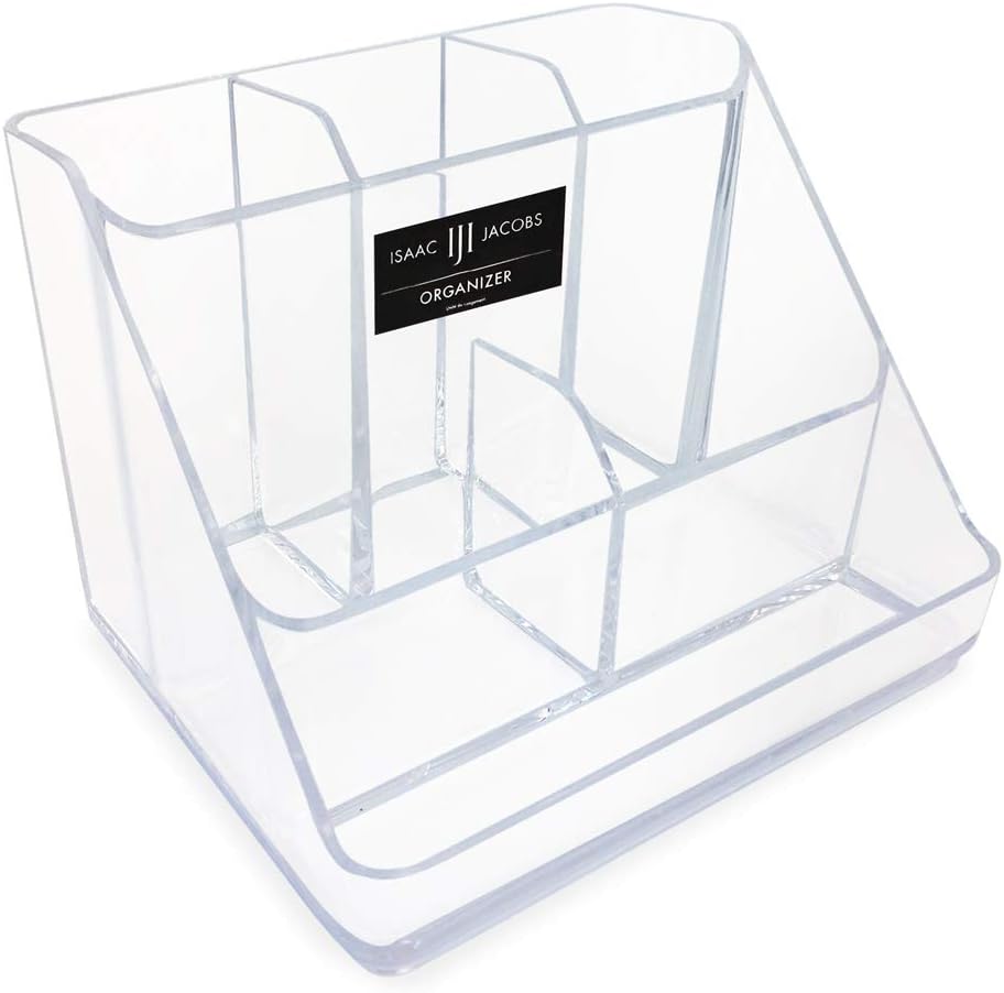 Isaac Jacobs 6-Compartment Clear Acrylic Makeup Organizer & Multi-Sectional Tray, for Cosmetics, Home Office, School & Craft Supplies, Desk, Bathroom Countertop, Vanity & Home Office
