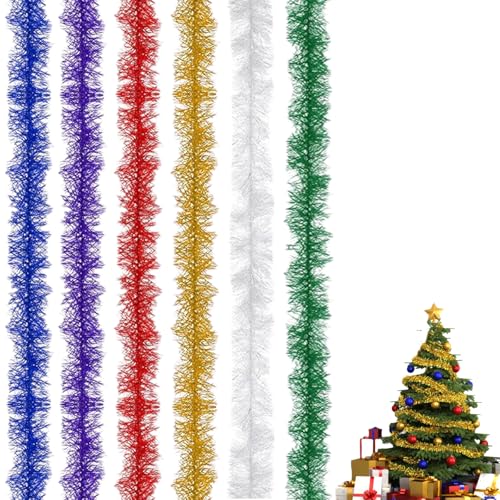 6 Piezas Guirnalda de Oropel de Navidad Multicolor, 2m Guirnalda Espumillón de Navidad, Cada uno decoración Brillante para árbol, Puertas, Ventanas y Paredes Interior o Exterior