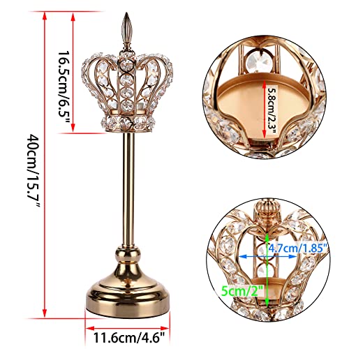 Ownmy 2Pcs Crystal Crown Candlestick Holders Tea Light Holders Metal Tealight Candelabras, Gold Crystal Votive Candlesticks Set Elegant Candle Stick Holder Candle Centerpiece For Dining Table, 16" H #TOP2