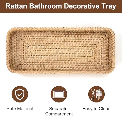 Rattan Badezimmer Tablett, Rattan Aufbewahrungskorb Vintage Tablett Körbe Aufbewahrung Geflochten im Boho Stil, für Lagerung, Dekorativ Schubladen, Wohnzimmer, Natürliche 27 x 11,2 x 4 cm