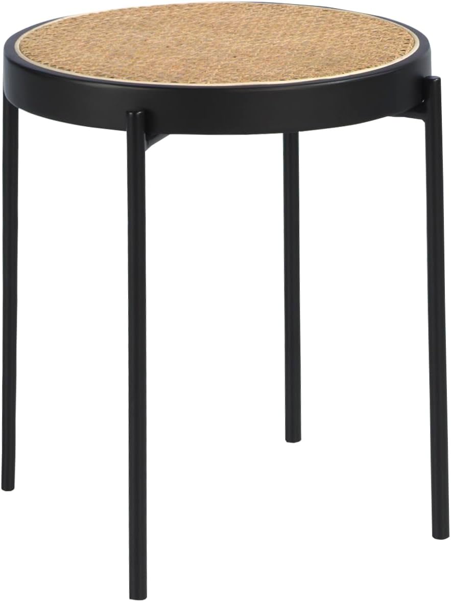 Mesa rincón Redonda con tapa de Rattan y ARO Circular de Madera DM lacada en Mate. Estructura de las Patas en Acero inoxidable Colour