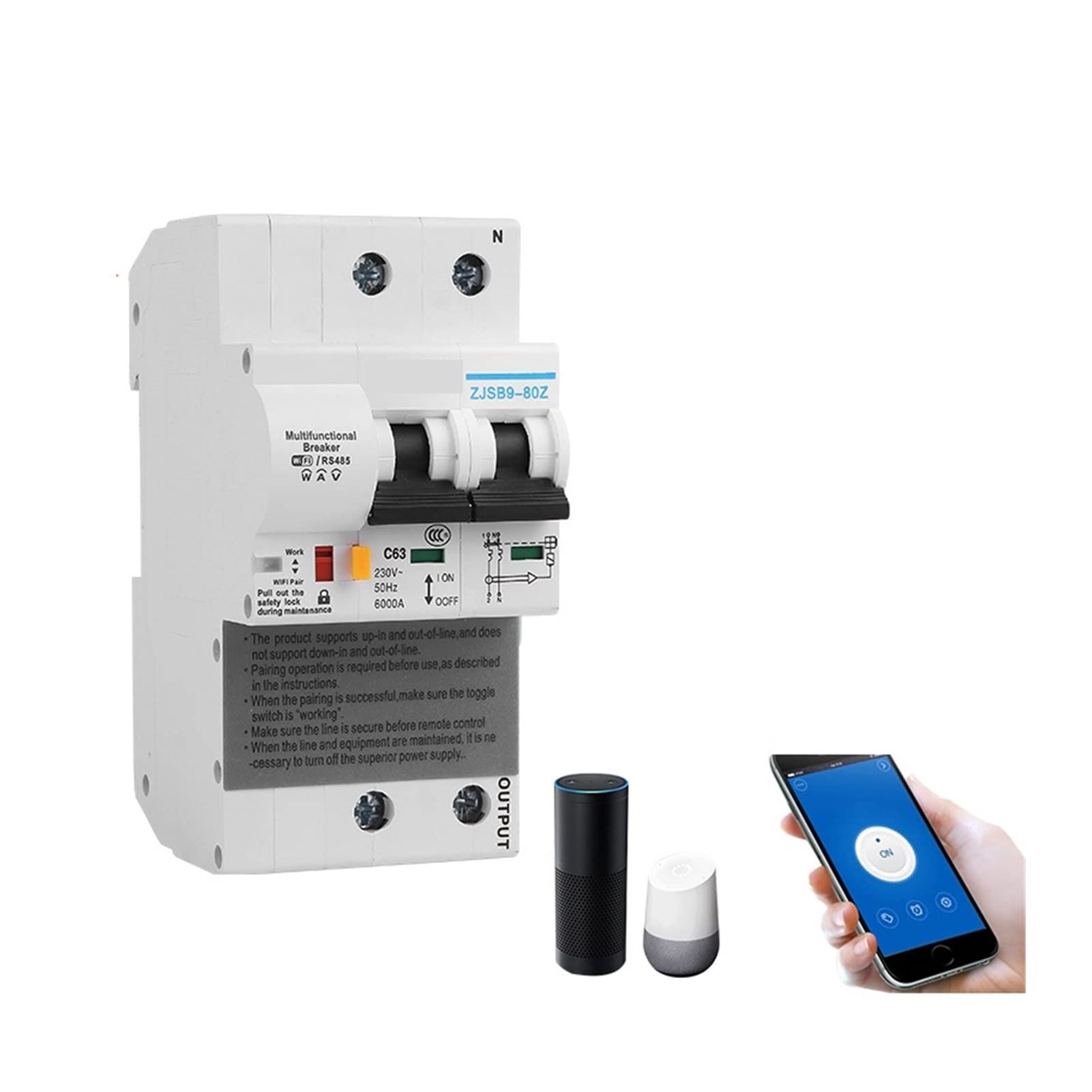 Interruptor de medidor de potencia inteligente, 2p Ewelink DIN RAIL WIFI Consumo de energía de medidor de energía inteligente KWh Meter Wattmeter con Alexa Google for hogar inteligente Controle cómoda