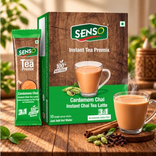 Senso Instant Cardamom Premix Tea - Karak Ready To Drink Chai - Low Sugar - Elaichi Flavor - 10 Sachets - Instant Premix Of Chai - Elaichi Tea - Each Have 14g