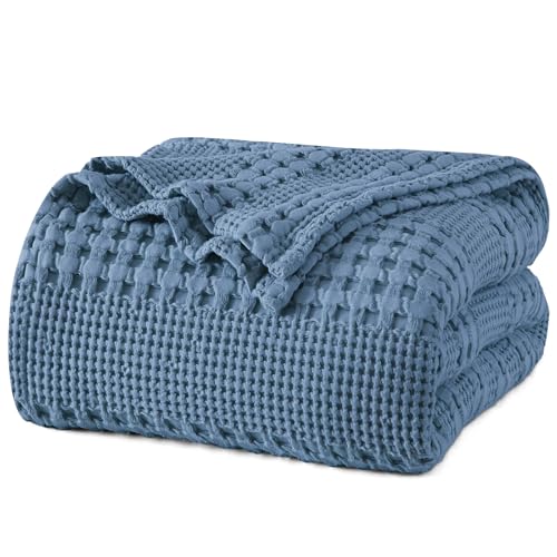 Image of PHF 100% Cotton Waffle Blanket King Size for Bed, Lightweight Breathable and Soft for Summer, Luxury Aesthetic Waffle Weave Blanket for Home Decor & Gifts for Women, 108 inchx90 inch, Denim Blue