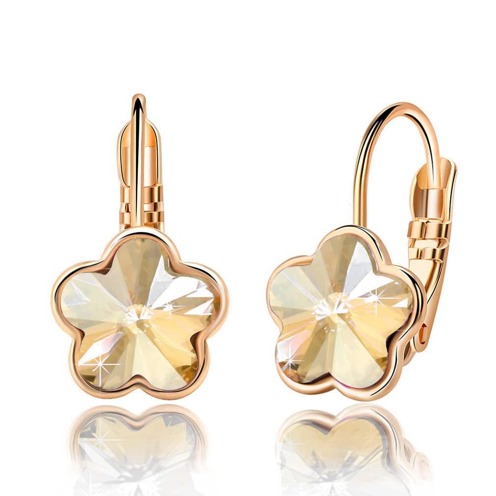Austrian Crystal Flower Leverback Drop Earrings for Women 14K Rose Gold Plated Hypoallergenic Jewelry