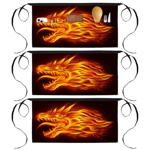 Demi-tablier pour cuisine et restaurant lot de 3 tabliers courts chef 3 poches dragon
