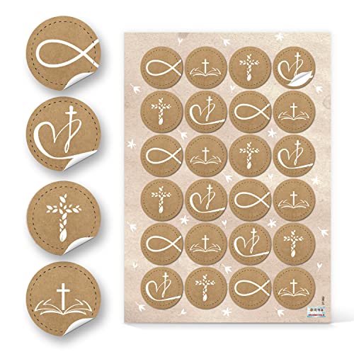 Logbuch-Verlag 48 pegatinas con símbolos religiosos cristianos blanco y marrón – Pez Cruz Corazón – decoración de comunión y bautizo - adhesivos comunión