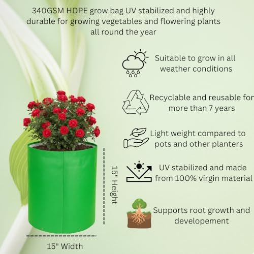 Image of HDPE UV Treated 340 GSM Plant Growing Bags for Terrace Gardening Easy to Use 15 x 15 Inch - Pack of 5