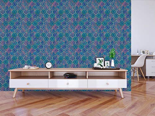 Image of DWELLSINDIA Moroccan Pattern Self Adhesive Wallpaper Waterproof, Scratch Resistant, Laminated 41cm x 244cm, Blue, Glossy