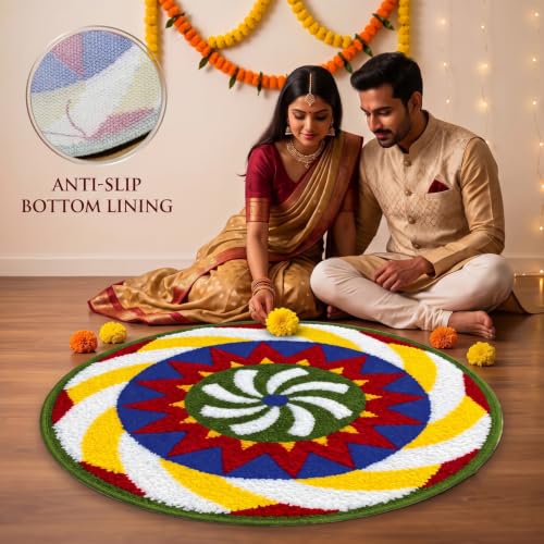 Image of VAS COLLECTIONS Decorative Round Rangoli Mat, Traditional Floral Rangoli Floor Decoration for Pooja Room, Festive Home Decor, Decorative Mat for Entrance, Living Room & Temple, 23 Inches - Starburst