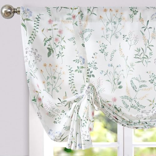 jinchan Floral Tie Up Valance Adjustable Linen Valance for Windows Farmhouse 45 Inch Botanical Colorful Flower Kitchen Window Treatment for Living Room RV Light Filtering 1 Panel Sage Green