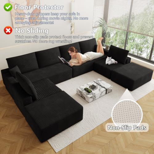 Image of Oversized Modular Sectional Sofa Couch, Large 8 Seater Corner Sofa Modern U Shaped Sectional Couch with Ottoman Cloud Couches for Living Room, Office, Spacious Space, Corduroy, No Assembly, Black