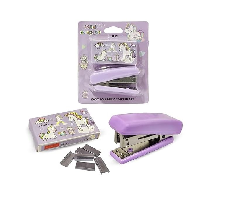 Image of Eclet Mini Stapler Set with Refill Pins, Portable Purple Stationery Kit for Kids, Compact Desktop Stapler for School Office Homework Paper Binding Use