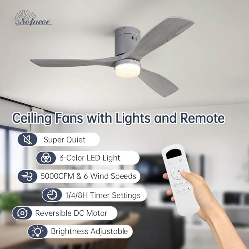 Image of Sofucor 52 Inch Low Profile Ceiling Fan with Light and Remote, Flush Mount