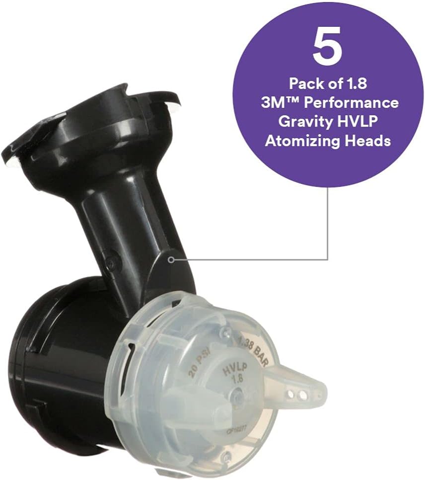 3M Performance Gravity HVLP Atomizing Head Refill Kit, 26718, Size 1.8, Clear, for use with Performance Spray Gun and PPS 2.0 Paint Cups, 5 Pack