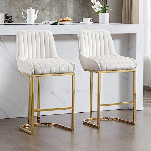 Ya-Home Tabouret de Bar Lot de 2 avec Pied Doré Chaise Bar en Velours Chaise de Bar avec Cadre en Métal Tabourets de Comptoir avec Dossier et Repose-Pieds, Beige