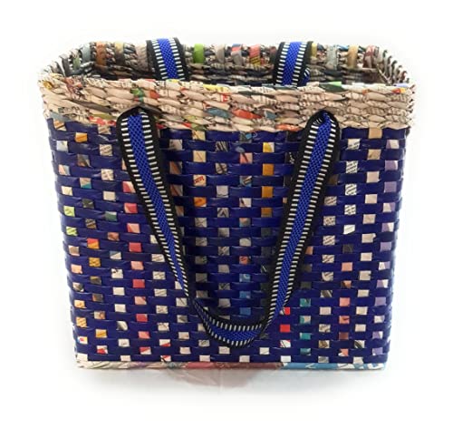 Image of Paperus, Medium, Blue Check Lunch Bag, Picnic Basket, Carry Bag, Handbag, Tiffin Basket for Office, Rectangular, Eco-Friendly, Handmade, of Paper Ropes, in Inch 11 H, 12 L, 6 Wide Base