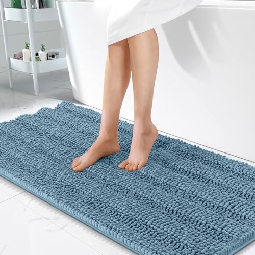 Image of OLANLY Thick Bathroom Runner Rugs 47x24, Extra Absorbent Chenille Striped Bath Rugs, Rubber Backing, Machine Wash Dry, Long Bath Mats for Bathroom, Tub and Shower, Home Decor Accessories, Airy Blue