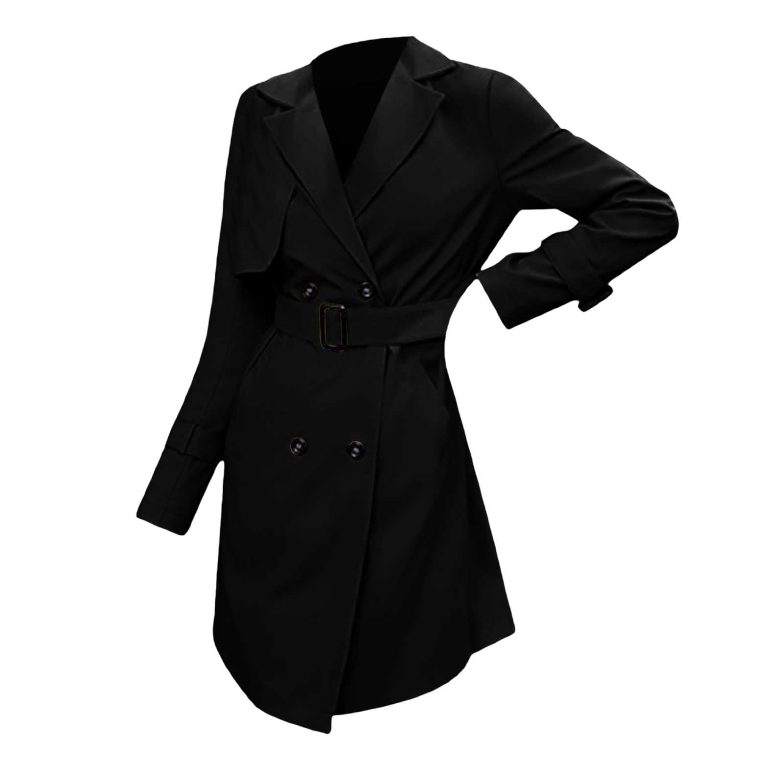 Generico Cappotto Di Lana Donna Autunno e inverno donna Tinta unita Fascia in vita bavero Doppio Trench Cappotto Donna Casual Trench versatile Piumini Donna Invernali (Black, S)