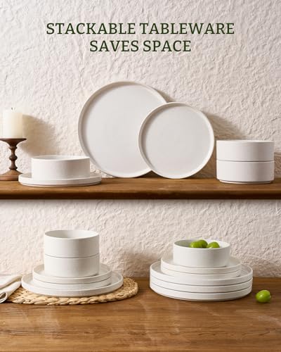 Image of Famiware Nebula Plates and Bowls Sets, 24 Pieces Stoneware Dinnerware Sets, Reactive Glaze Dish Set, Dishes Set for 8, Matte Beige White