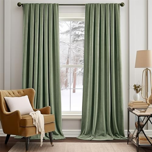 Lazzzy Green Velvet Blackout Curtain, Thermal Insulated for Bedroom Living Room Darkening Privacy Drapes, Noise Reducing