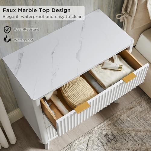 Image of T4TREAM Fluted 3 Drawer Dresser, 32 inch Tall Modern Chest of Drawers with Faux Marble Top, Curved Profile Design, Wood Drawer Organizer for Bedroom, Living Room, Hallway, Entryway, Solid White