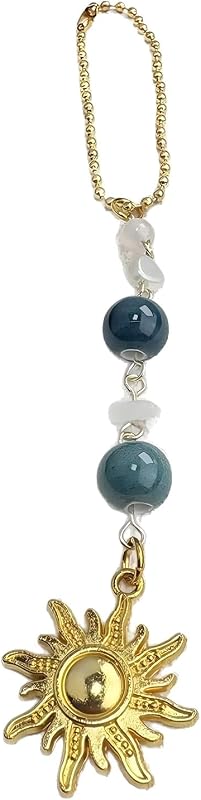 Sun Hanging Car Charm, Boho Rear View Mirror Hanging Car Decor, Handmade Green and Gold Crystal Stone Healing Dangling Ornament Pendant, Auto Accessories for Women, Gift for Women(Green)