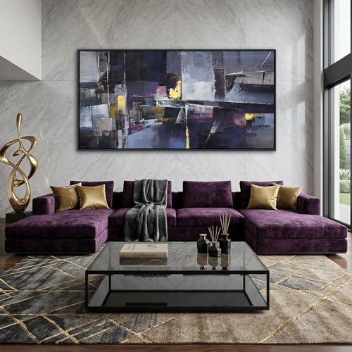 Modern Canvas Wall Art for Living Room - Large Framed Abstract Paintings in Black, Gold, and Purple - Contemporary Wall Decor for Bedroom, Office - Stylish Pictures for Home 24×48IN