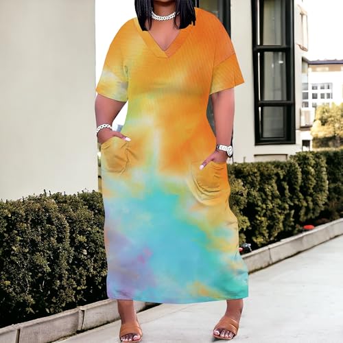 Image of SUZONANA Plus Size Dresses for Curvy Women Maxi Dress Tie Dye Oversized Summer Outfits Short Sleeve Long Casual Sundresses 5XL