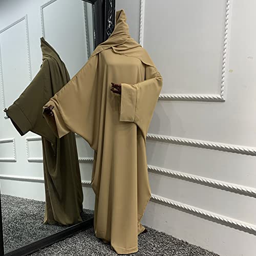 Muslim Dress for Women Pakistani Kaftan Abaya Robe + Hijab Arabic Islamic Prayer Clothes Dubai Outfits Khaki Set