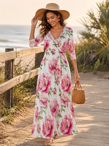 Image of Plus Size Maxi Dress for Women V Neck Flowy Dresses with Pockets for Wedding Guest Church