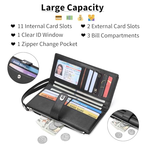 Image of Womens Wallet Bifold Long Card Holder Vegan Leather with Zipper Pocket