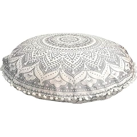 Stylo Culture Ethnic Bohemian Floor Cushion For Kids Throw Pillow Cover Silver 80x80 cm Meditation Mandala Large Pom Pom Lace Round Large 32 Inch Lounge Cotton Floral Seating Pouffe Cover Cover