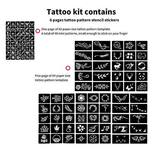 6 Pcs 3 Color Natrual India Body Art Painting Temporary Tattoo Kit, Temporary Tattoo Ink Set, 6-Pages Tattoo Template Pattern Stickers Stencils, 3 Bottles, 12 Nozzles, Blcak, Red, Brown #TOP2